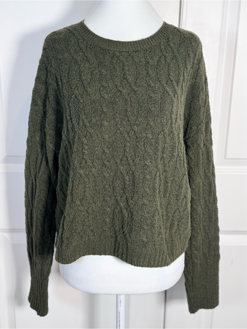 Olive Green Cable Knit Cropped Sweater S Boxy Preppy Academia Fall CabinCore